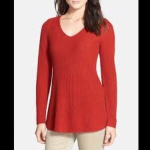 Eileen Fisher Merino wool V-neck Ribbed Tunic Sweater Size M Burnt Orange